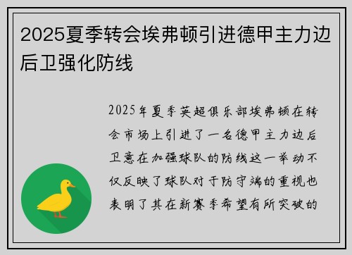 2025夏季转会埃弗顿引进德甲主力边后卫强化防线