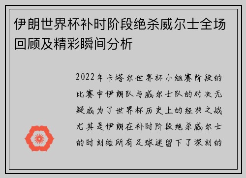 伊朗世界杯补时阶段绝杀威尔士全场回顾及精彩瞬间分析