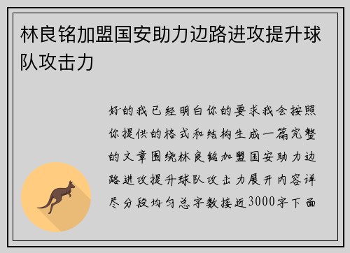 林良铭加盟国安助力边路进攻提升球队攻击力