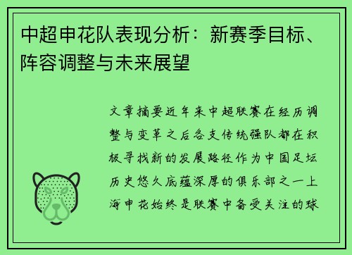 中超申花队表现分析:新赛季目标、阵容调整与未来展望 中超申花队表现分析:新赛季目标、阵容调整与未来展望