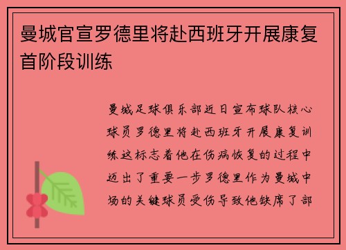 曼城官宣罗德里将赴西班牙开展康复首阶段训练 曼城官宣罗德里将赴西班牙开展康复首阶段训练