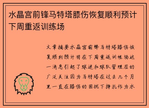 水晶宫前锋马特塔膝伤恢复顺利预计下周重返训练场